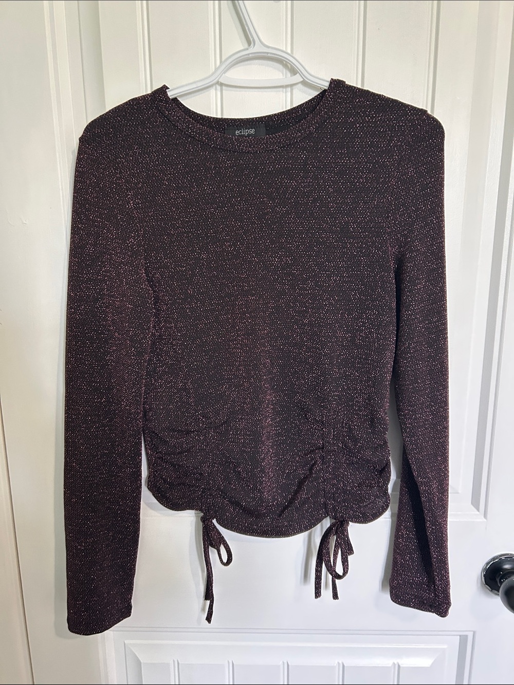 Eclipse Long-Sleeve Sparkle Drawstring Top in Plum